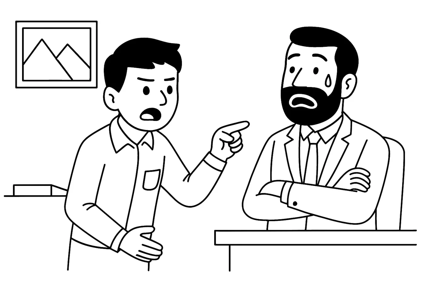 若手社員が社長室で社長に訴えている。社長は目を丸くして驚いてる。