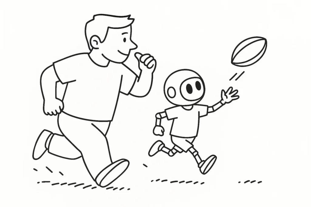 大学生の男性と小さいアンドロイドがラグビーボールで遊んでいる。