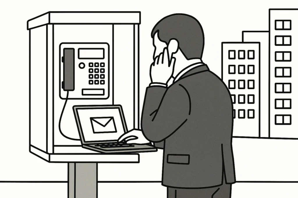 駅前の公衆電話ボックスにノートパソコンをつないでメールを受信している後ろ姿。