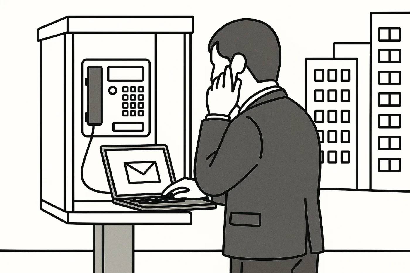 駅前の公衆電話ボックスにノートパソコンをつないでメールを受信している後ろ姿。