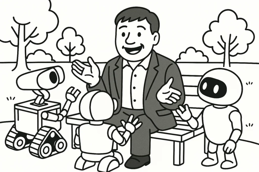 公園でAI3台と話をする社長