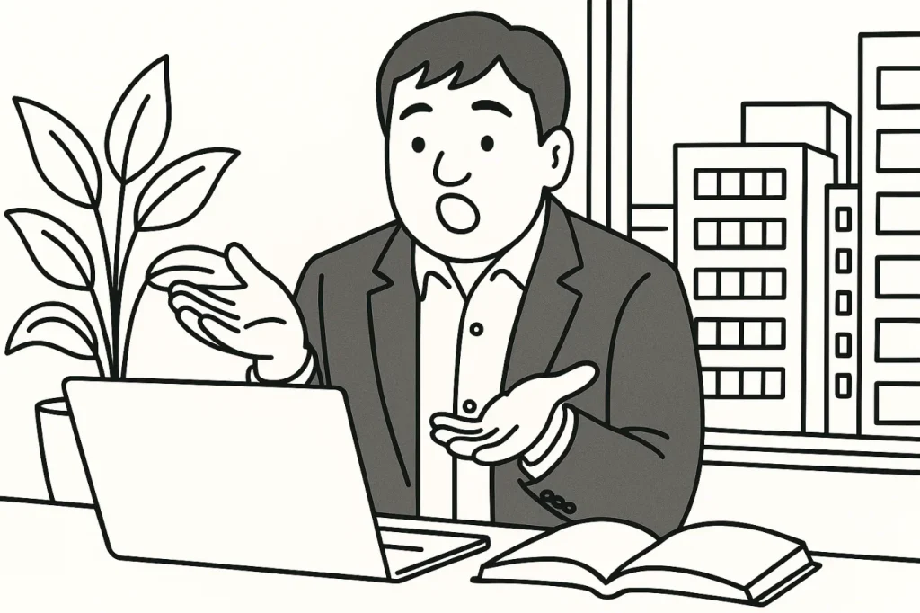 書籍でパソコンを開いている。パソコンにむかってなぜ？というジャスチャーをとる社長