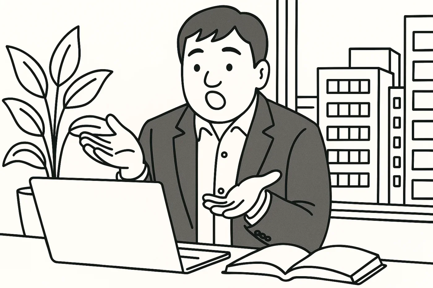 書籍でパソコンを開いている。パソコンにむかってなぜ?というジャスチャーをとる社長