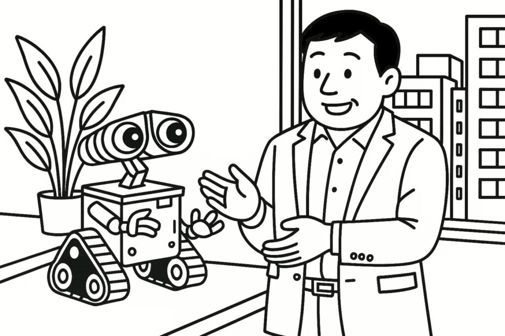ロボット型AIと話をする社長のイラスト