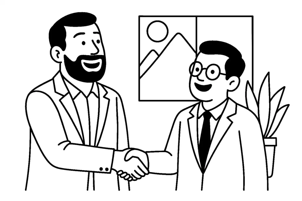 左の男性の右に眼鏡をかけた男性。二人は笑顔で握手を交わす。背景には観葉植物と山が見える窓がある。