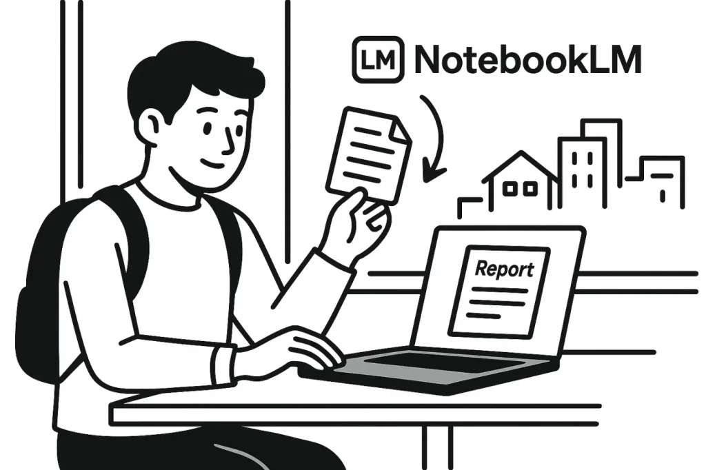 大学生が資料をnotebookLMになげてレポートを生成しようとしている様子。
