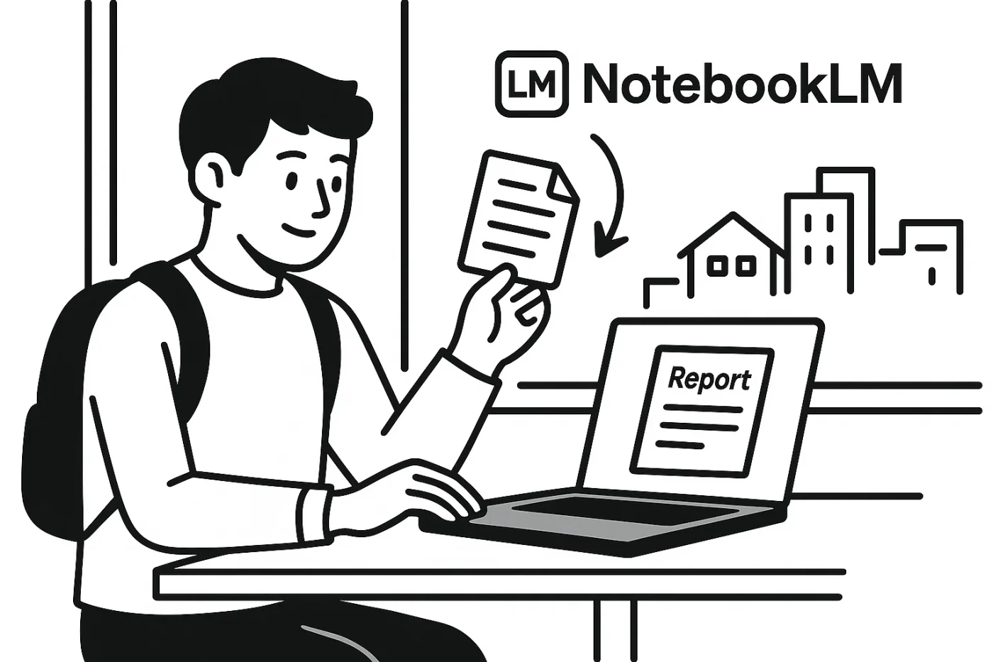 大学生が資料をnotebookLMになげてレポートを生成しようとしている様子。