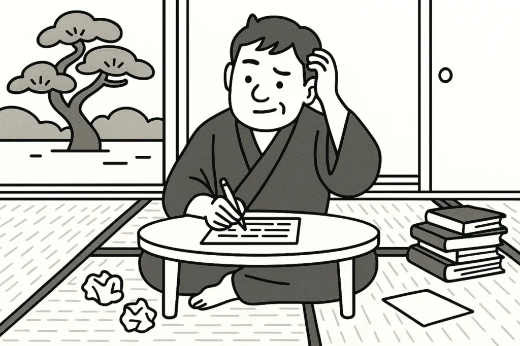 畳の部屋。ちゃぶ台の前に着物で胡坐をかいて原稿用紙に小説を書いている。頭を搔きながらペンを走らせる。開けられた襖の外には松の木が見える。畳にはくしゃくしゃに丸められた原稿用紙が２つ転がっている。右横には乱雑に置かれている本が４冊。