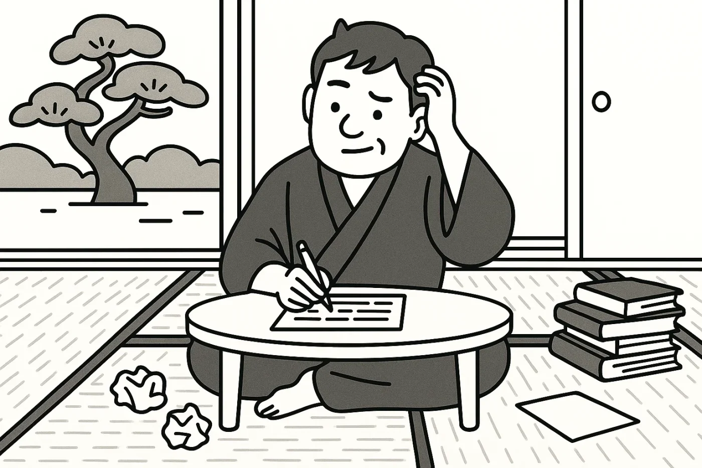 畳の部屋。ちゃぶ台の前に着物で胡坐をかいて原稿用紙に小説を書いている。頭を搔きながらペンを走らせる。開けられた襖の外には松の木が見える。畳にはくしゃくしゃに丸められた原稿用紙が２つ転がっている。右横には乱雑に置かれている本が４冊。
