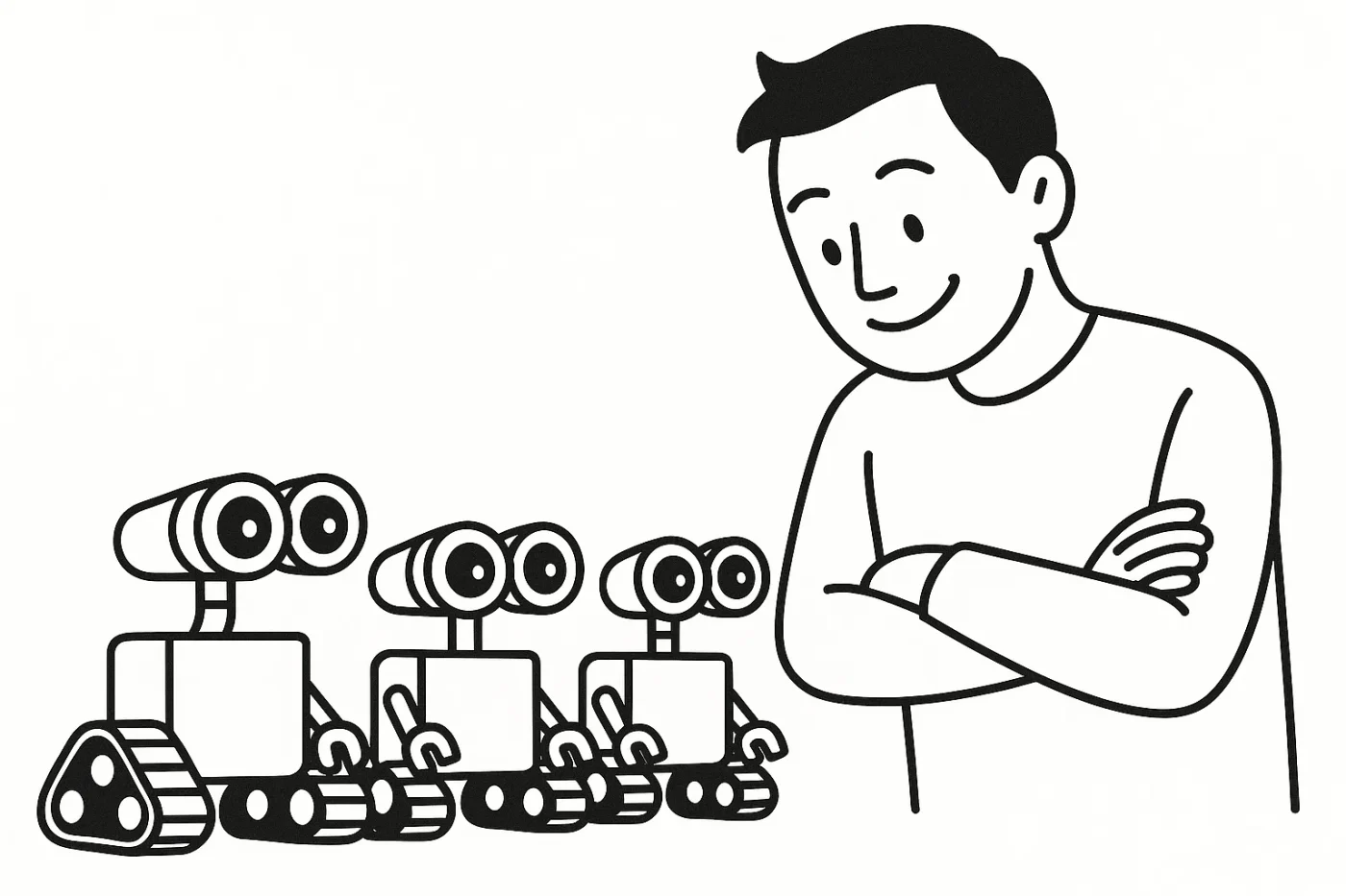 ロボット3台。ロボットの容姿は双眼鏡のような目とキャタピラみたいな下半身で愛らしい。そのロボットに対して腕を組みながら笑顔でのぞきこむ男性をフラットデザインのシンプルな線画でモノクロ