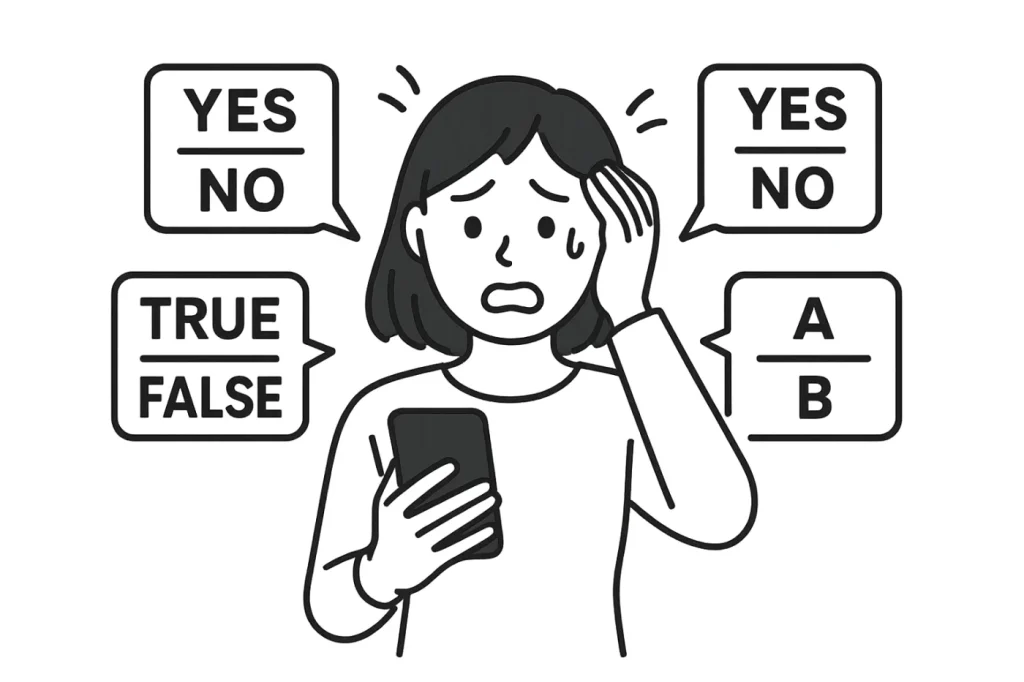 スマホから二択の質問ばかり投げかけられて、あたふたと回答を探して焦っているいる女性をフラットデザインのシンプルな線画でモノクロ