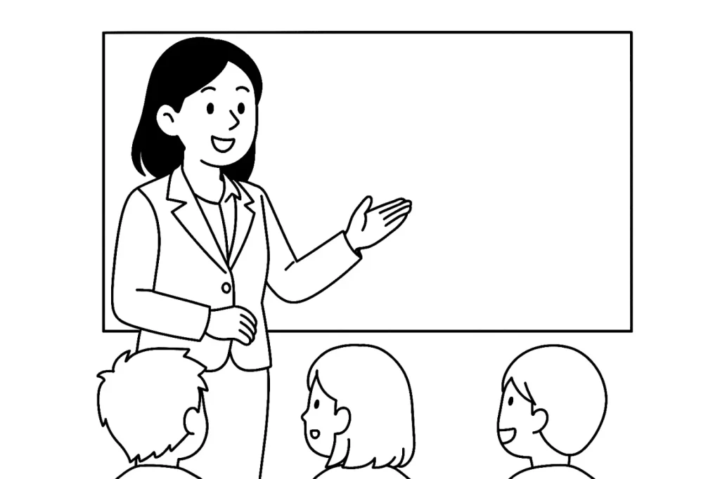 教室で子どもたちに自己紹介をする西川美咲先生のイラスト。黒板の前に立ち、笑顔で手を上げながら挨拶している。前の席には3人の小学5年生が座って先生を見上げている。