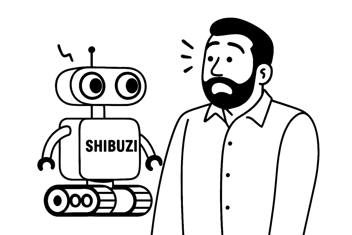博多弁を話すロボットと男性。ロボットの容姿は双眼鏡のような目とキャタピラみたいな下半身で愛らしい。そのロボットに対して驚いか顔して見る男性をフラットデザインのシンプルな線画でモノクロ、背景白