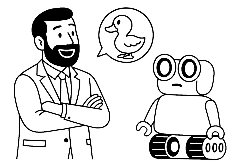 概念創造の雑談イラスト。嬉しそうにアヒルのアイデアを話す男性と、少し困った表情のAIロボット。人間の浮かれた気持ちとAIの冷静さの対比。