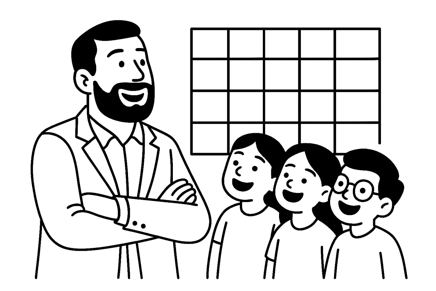 男性（先生）笑顔で話しかけている。その前で子供たちが笑顔で先生を見上げて評価を聞いている。背景には5行×5列の表。