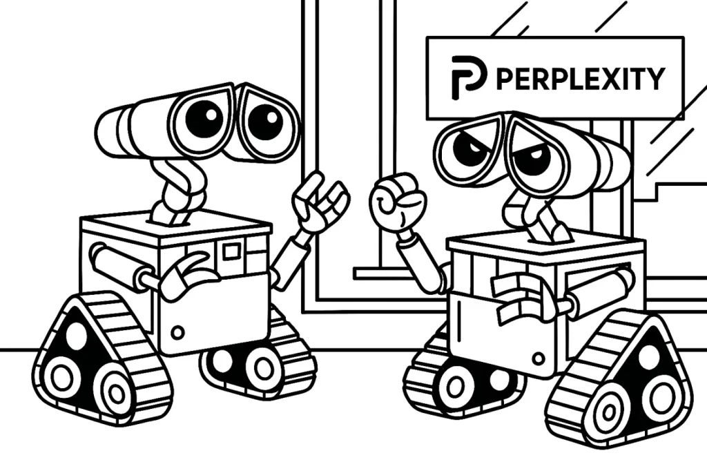 ロボットがもう1台いて2台が対峙している、1台は怒ってる表情で1台は笑顔。