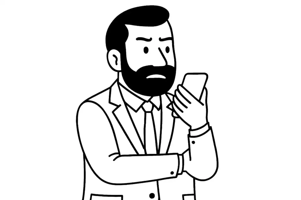 社長に詐欺電話がかかってきた。怪訝な顔をしてスマホを見る社長。