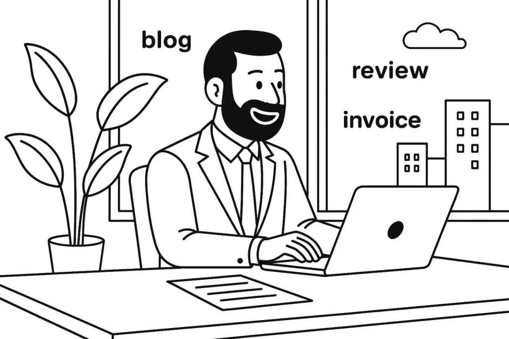 社長室でPCに向かて請求書発行作業とブログ更新作業をしている。