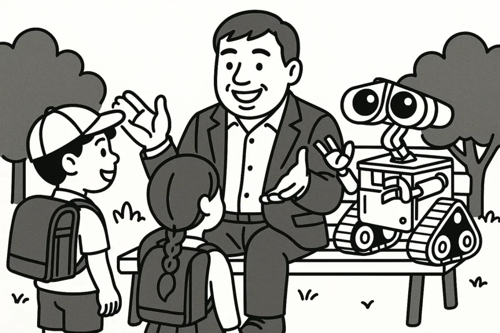 経営者が子どもたちとロボットに教育の未来について語りかけているイラスト