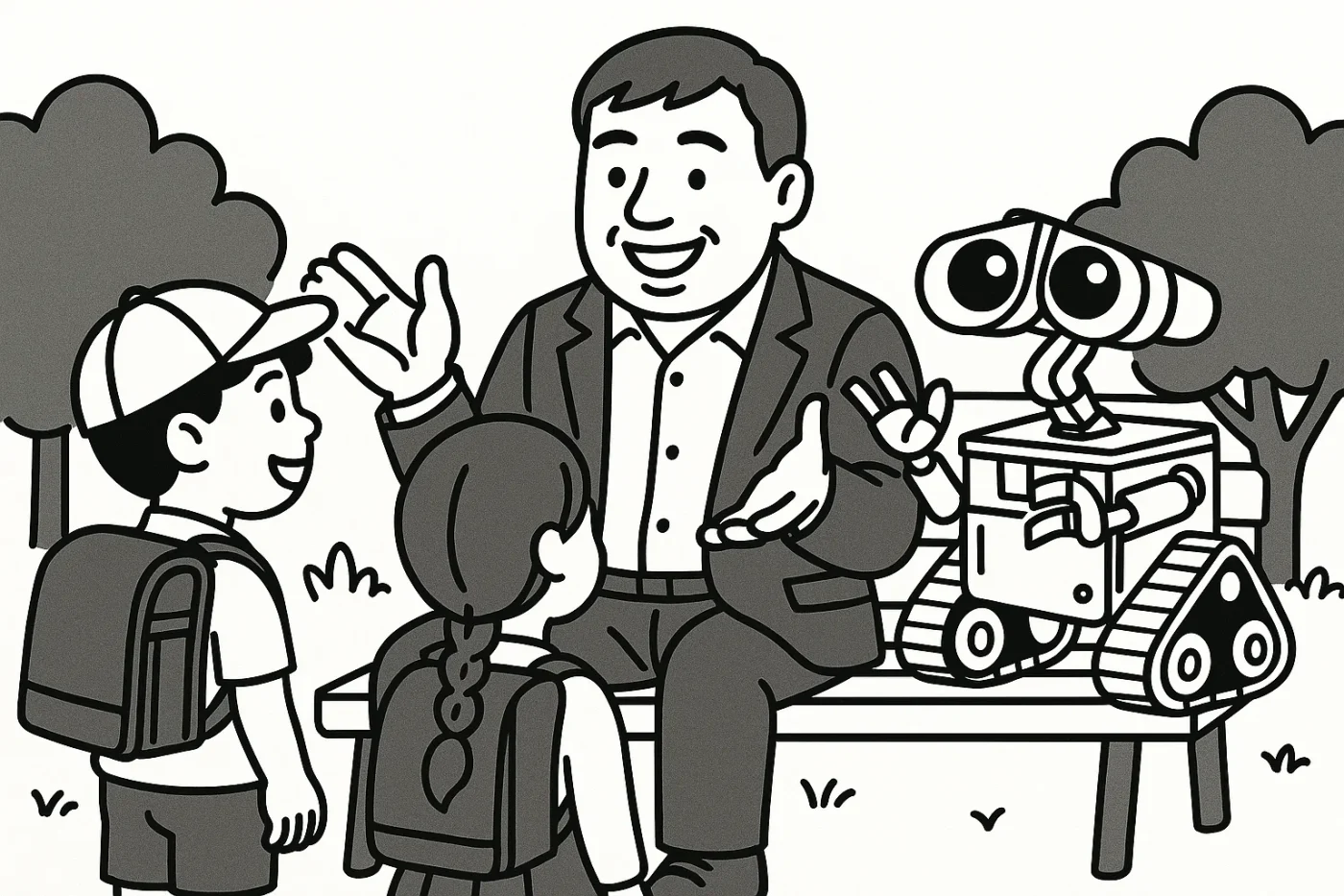 経営者が子どもたちとロボットに教育の未来について語りかけているイラスト