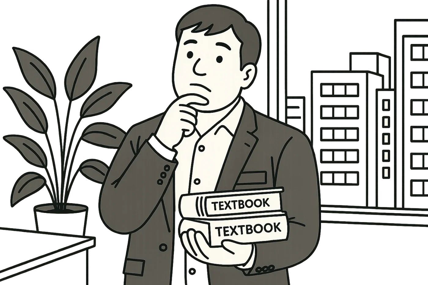 スーツ姿の男性がオフィスで教科書を手に、顎に手を当てて考え込んでいる様子のモノクロイラスト。背景には観葉植物とビル群が描かれている。