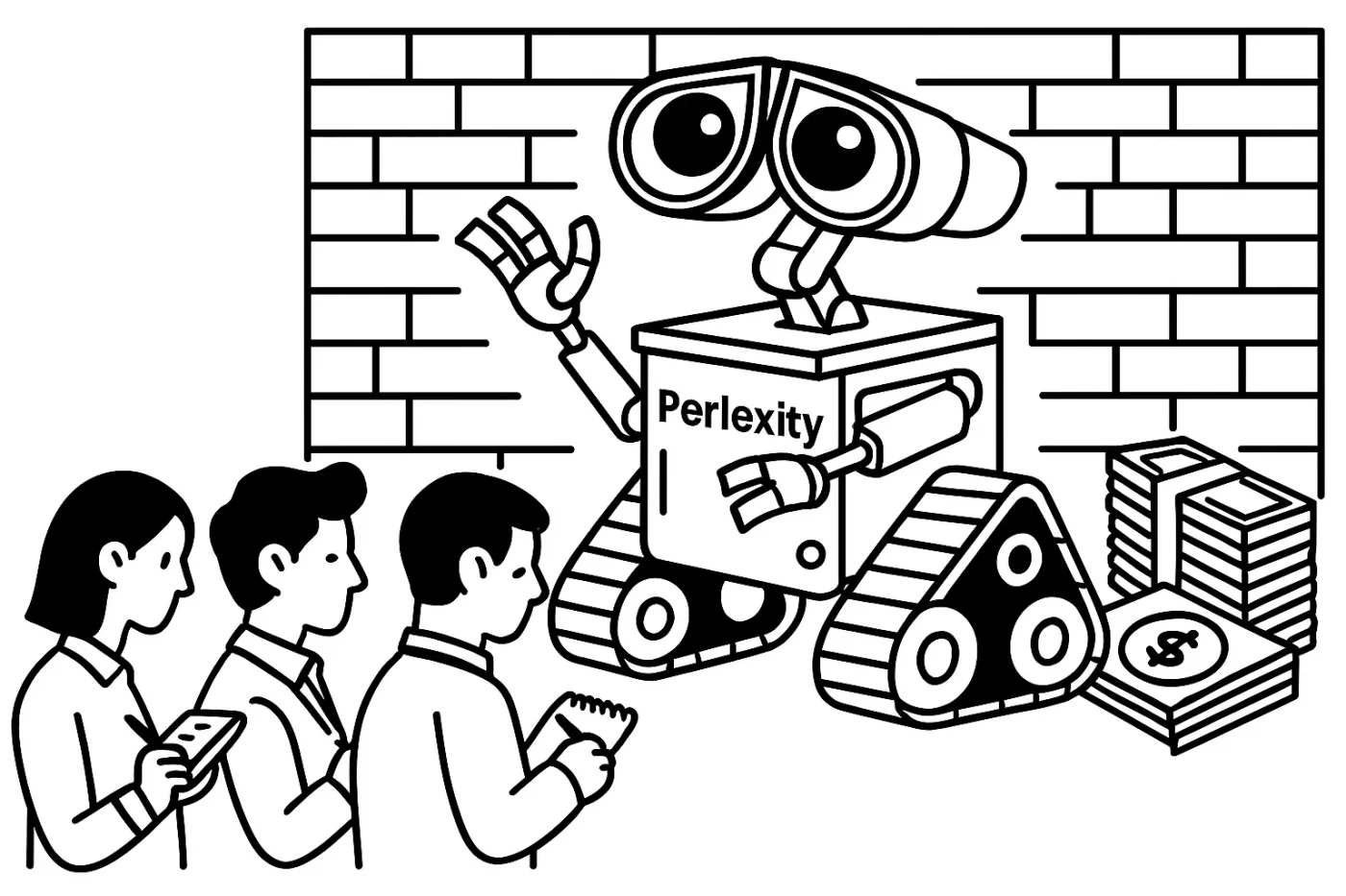 Perplexityのロボットが取材するジャーナリストたちに手を振り、横に収益を示す札束の山が積まれているイラスト