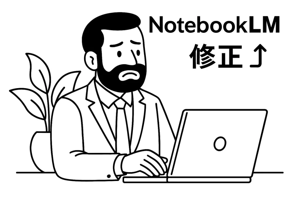 ノートパソコンの前で困った表情を浮かべる男性の線画イラスト。上部に「NotebookLM 修正↑」と書かれている。
