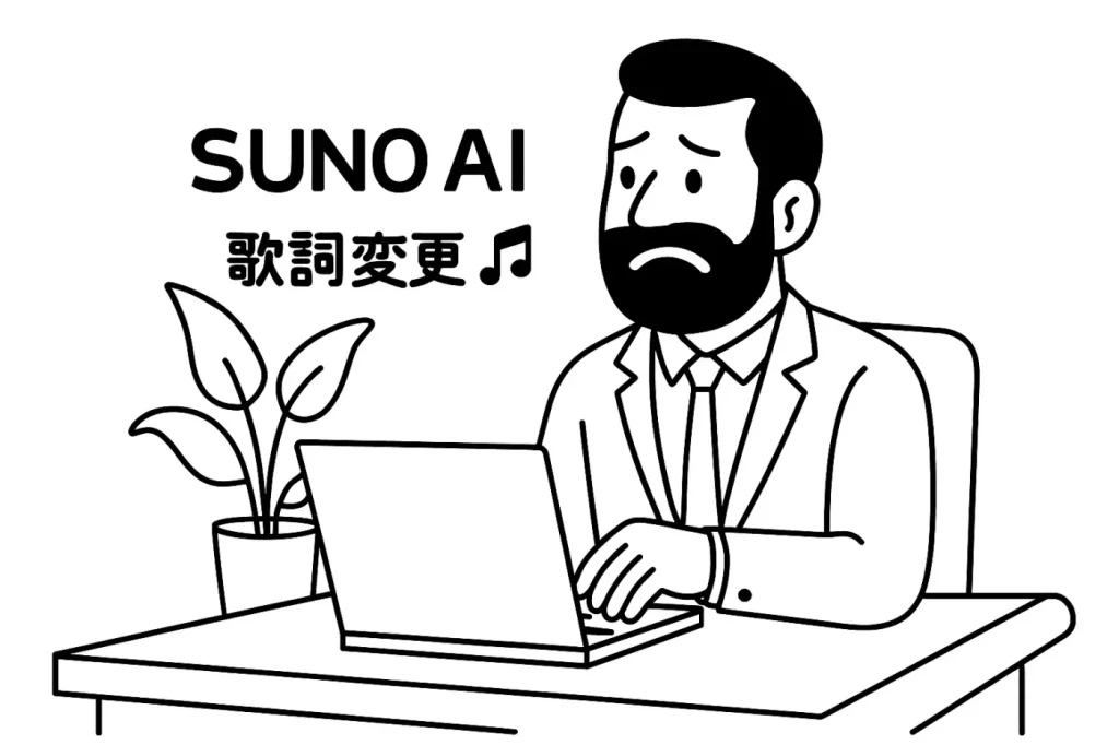 ノートパソコンの前で困った表情を浮かべる男性の線画イラスト。上部に「SUNO AI 歌詞変更♪」と書かれている。