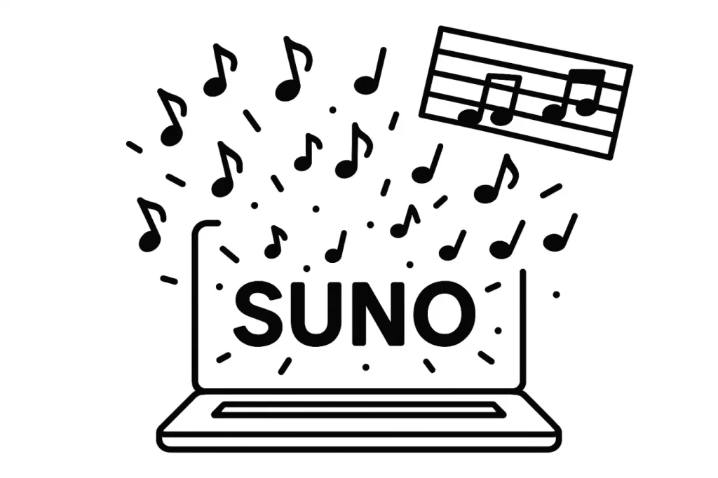 ノートパソコンの画面に「SUNO」と表示され、周囲に音符や五線譜が飛び出している線画イラスト。
