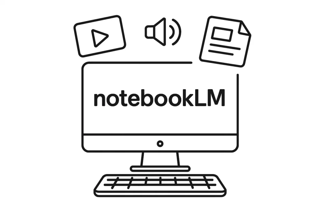 モニターに「notebookLM」と表示され、上部に動画アイコン・音声アイコン・資料アイコンが並んでいる線画イラスト。パソコンとキーボードが描かれている。