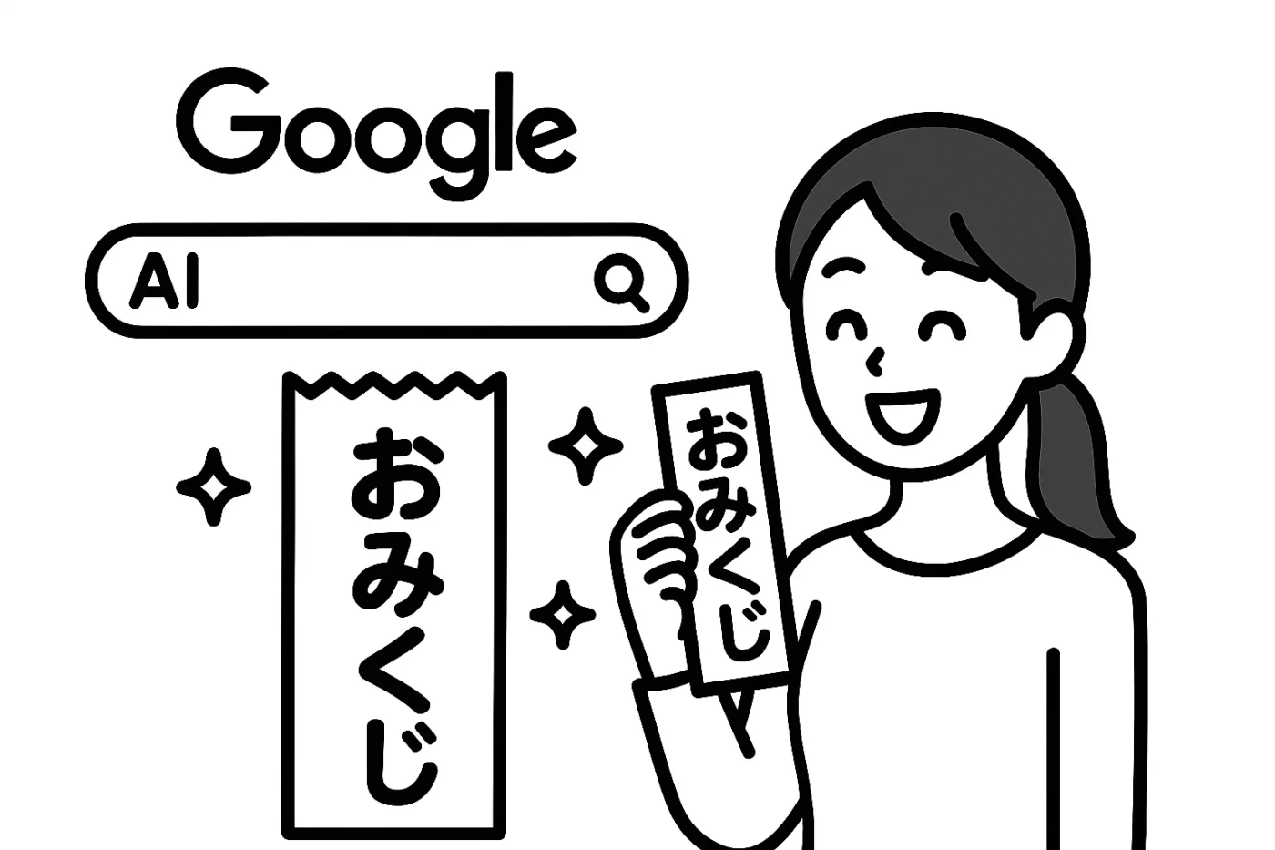Googleの検索窓とAI、そしておみくじと笑顔の若い女性