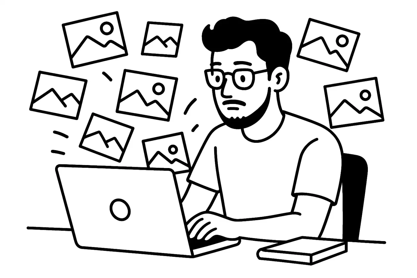 細いの天然パーマの眼鏡をかけた男性がTシャツ姿でデスクに座ってパソコンを凝視している。パソコンからとびだしたように多数の写真が宙に舞っている。そのイラストをフラットデザインのシンプルな線画