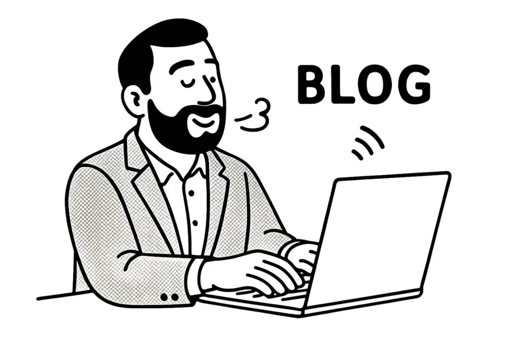 男性がノートパソコンにむかって口笛を吹きながらタイピングしている。ブログを書いている。そのイラストをフラットデザインのシンプルな線画でモノクロ