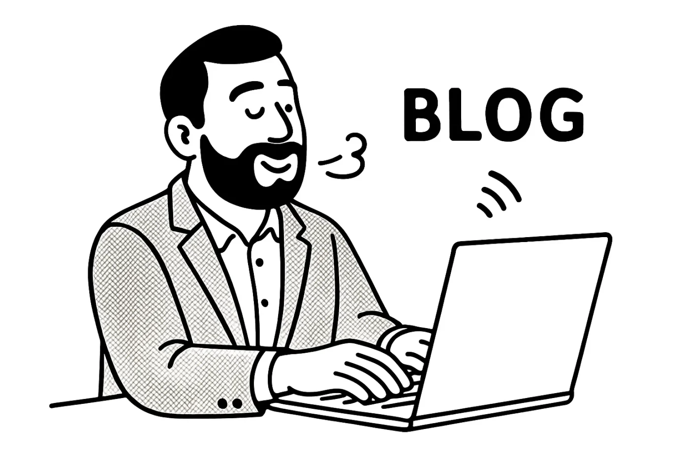 男性がノートパソコンにむかって口笛を吹きながらタイピングしている。ブログを書いている。そのイラストをフラットデザインのシンプルな線画でモノクロ