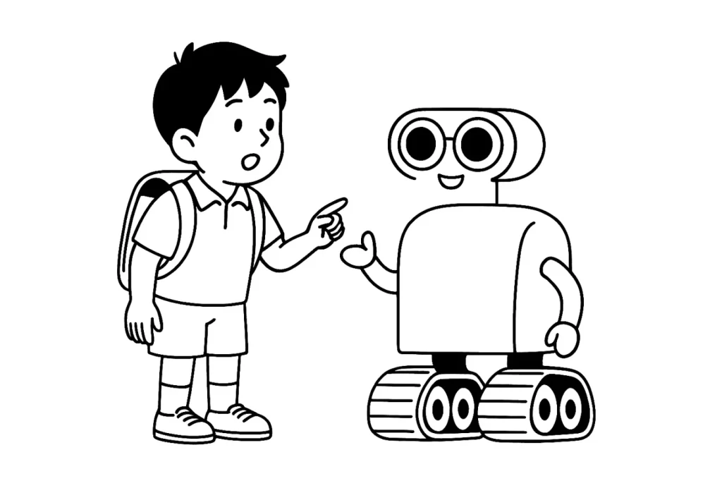 ランドセルを背負った小学生とAIロボットが対話している様子を描いたモノクロ線画イラスト。子どもが疑問を投げかけ、AIが笑顔で応答している親しみやすい教育シーンを表現。