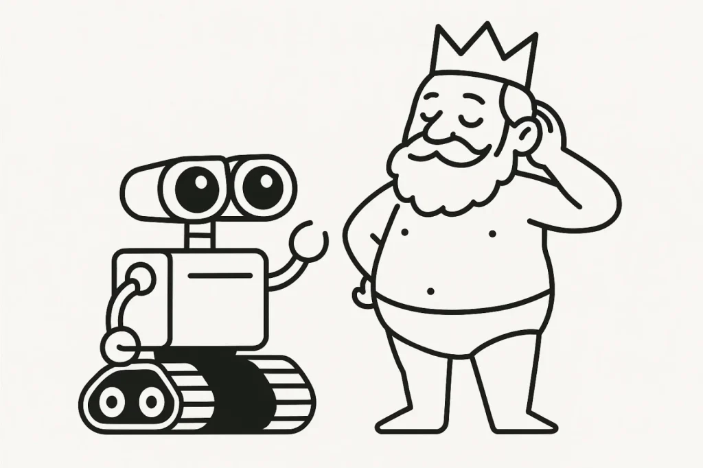 ロボットと裸の王様。ロボットの容姿は双眼鏡のような目とキャタピラみたいな下半身で愛らしい。そのロボットに対して満足そうに耳を傾ける白い髭をはやしたパンツと王冠だけの王様をフラットデザインのシンプルな線画