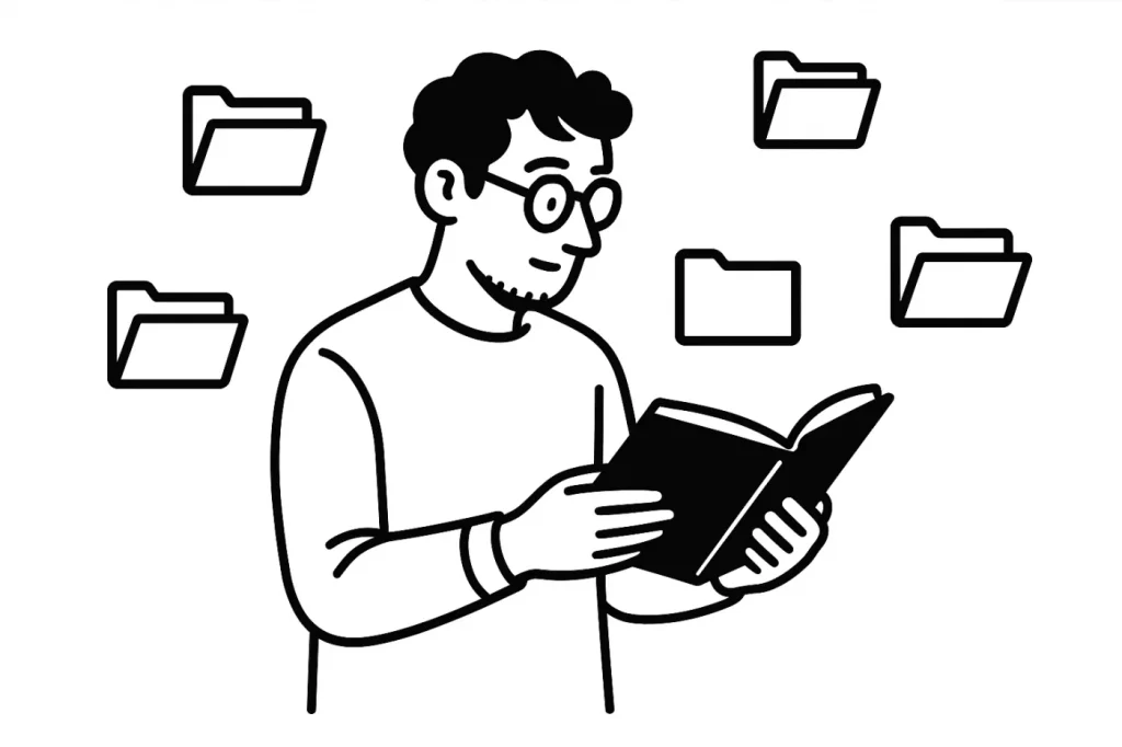 本を立ち読みする眼鏡の男性と複数のデジタルファイルアイコンのイラスト