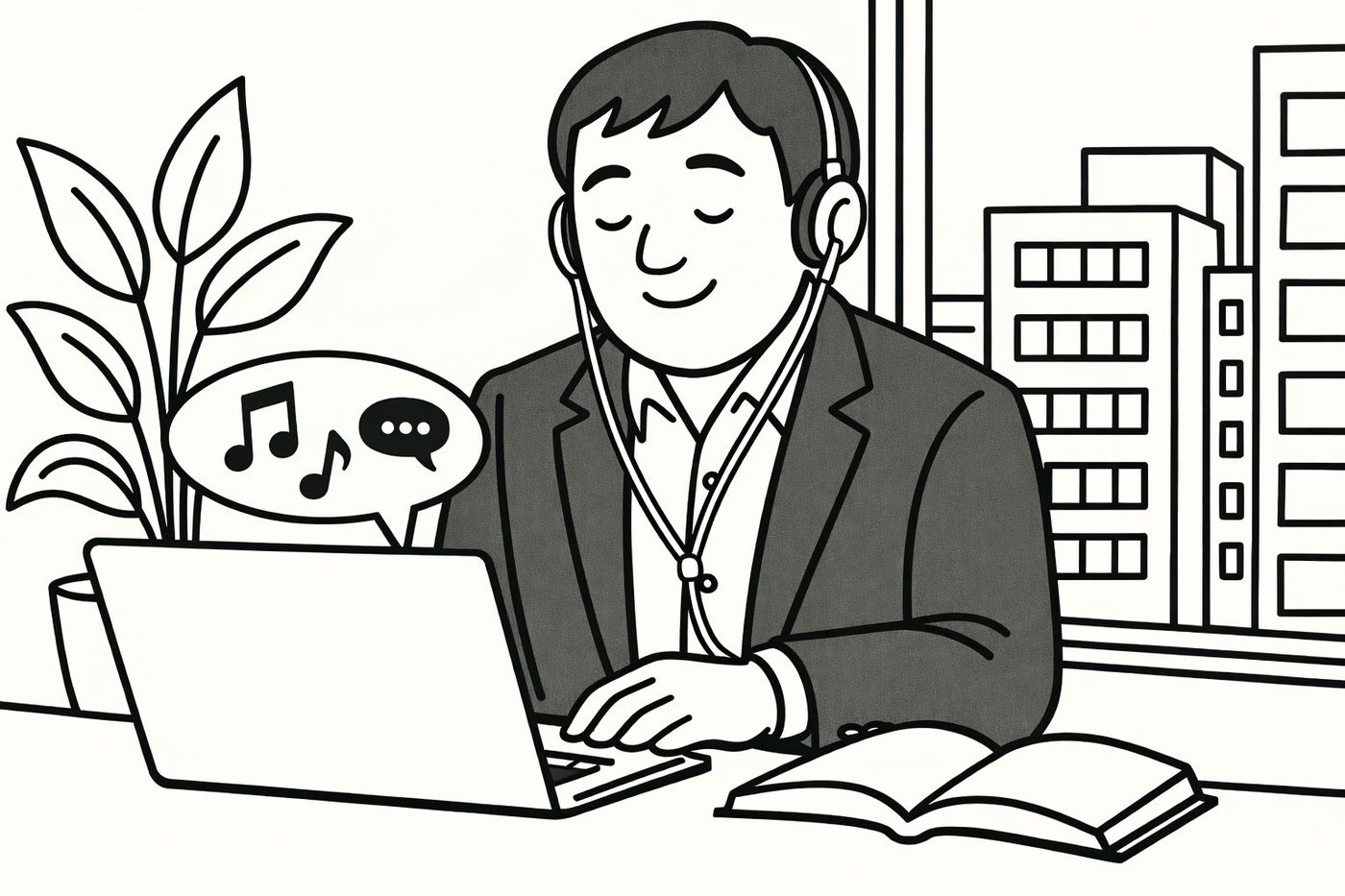 パソコンから流れる音声を聞いている男性