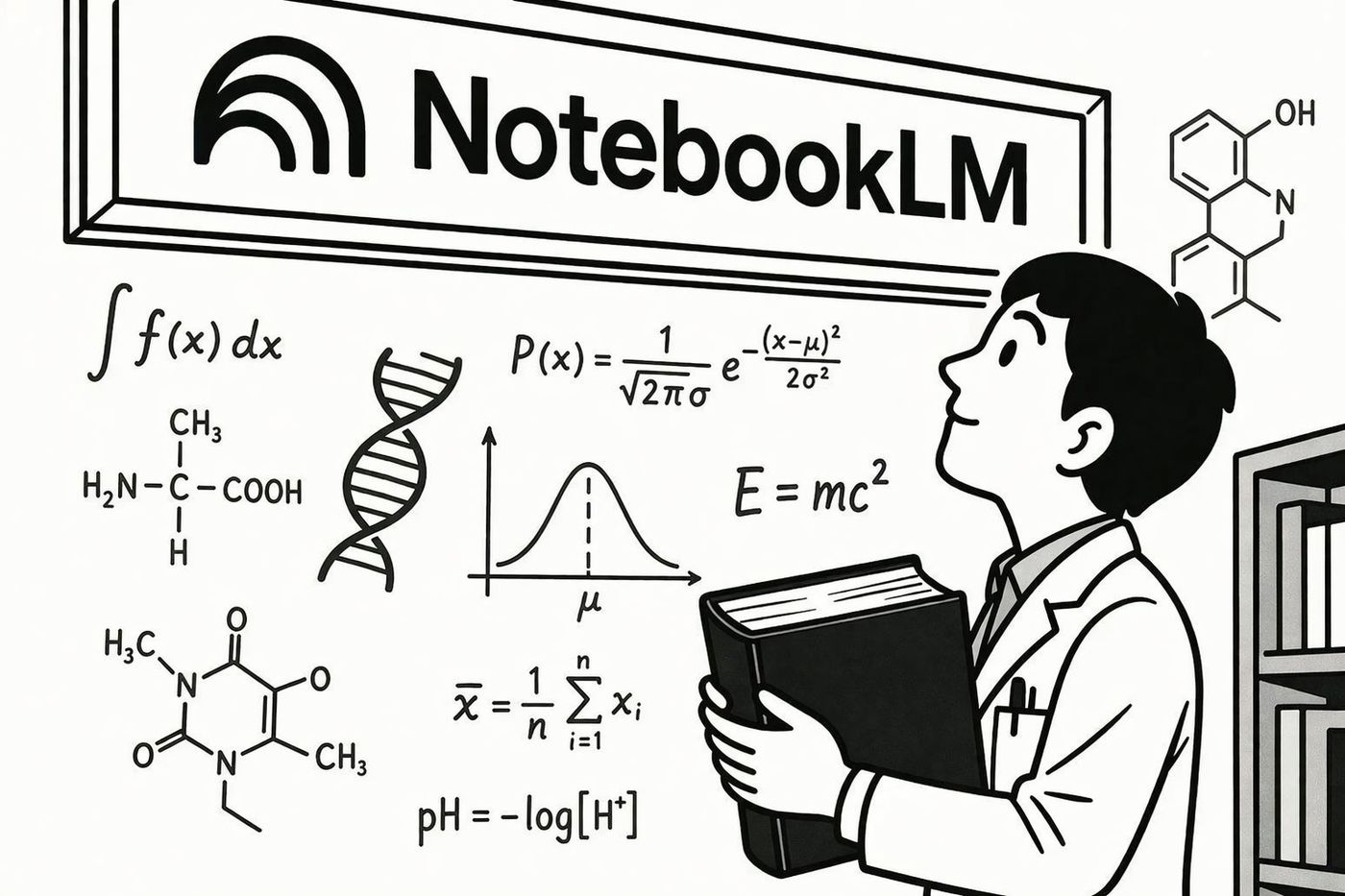 白衣を来た学生が分厚い本を抱えて、上を見ている。見ている空間にはNotebookLMの文字と数式や化学記号がういている
