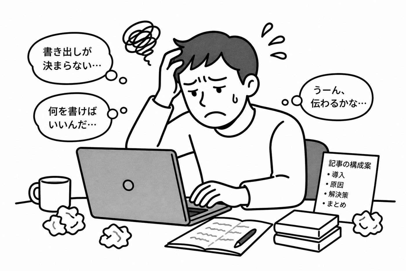 パソコンに向かって悪戦苦闘しながら記事を書いている人