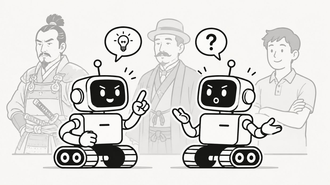 背景には戦国時代の武将と明治時代の着物姿とシフルハットの髭のおじさんとポロシャツ姿の青年。AI、2体が向かい合って討論している