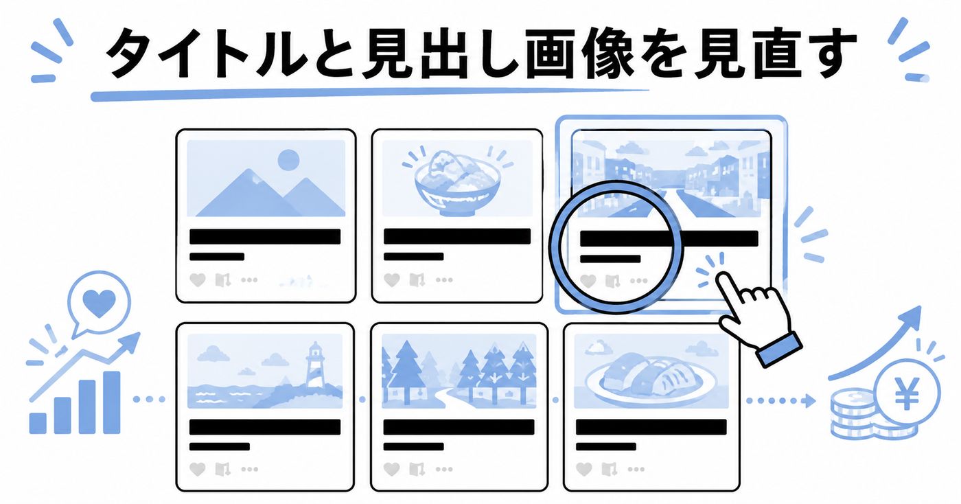 タイトルと見出し画像を見直す説明をしている、フラットデザインのアイキャッチ画像