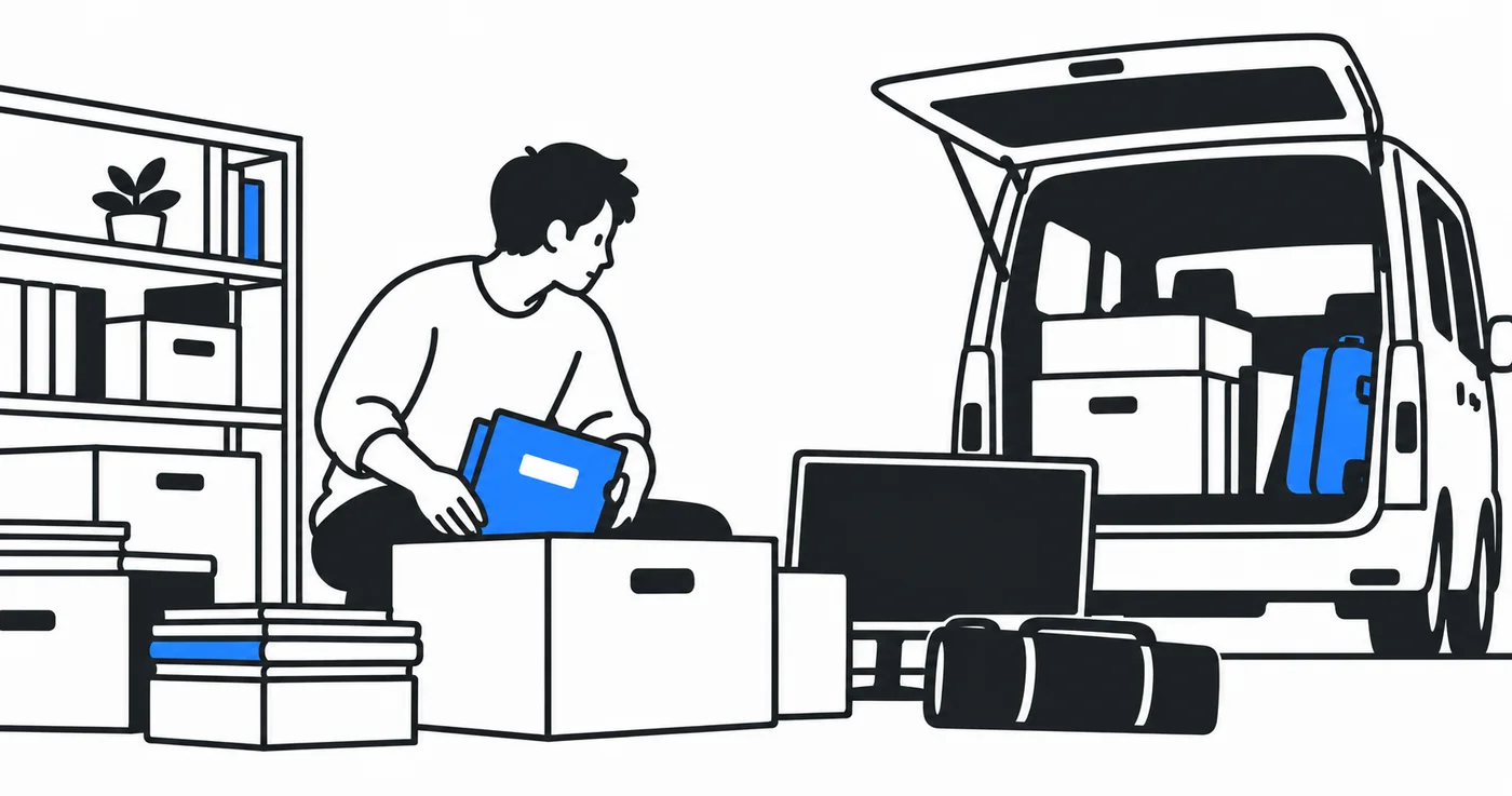 事務所の書類や機器を整理し、車へ荷物を積み込む様子を描いたシンプルな線画イラスト