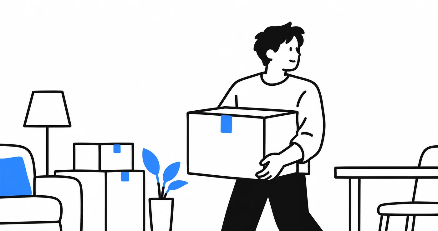 事務所移転に向けて荷物を整理し、段ボール箱を運ぶ男性を描いたシンプルな線画イラスト。モノを減らして身軽に働く様子をBitブルーの差し色で表現。